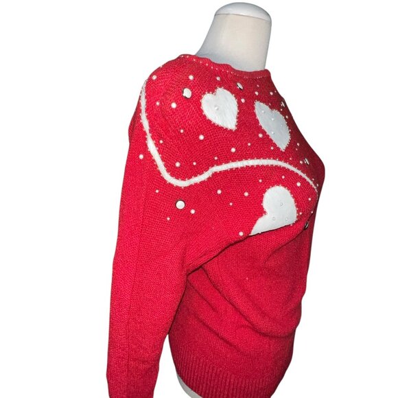 Vintage Smiths Aspen Red Knit Sweater W/ White Heart Design & Beaded Detailing - Picture 11 of 12